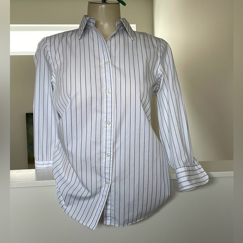 CHAPS Blue & White pinstriped No Iron blouse with three-quarter sleeves.